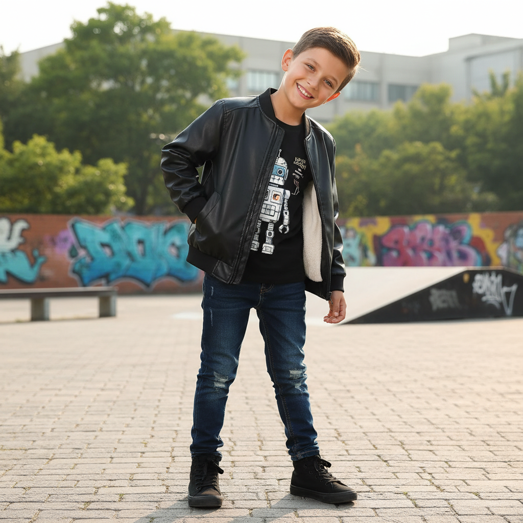 Kid wearing the black leather bomber jacket