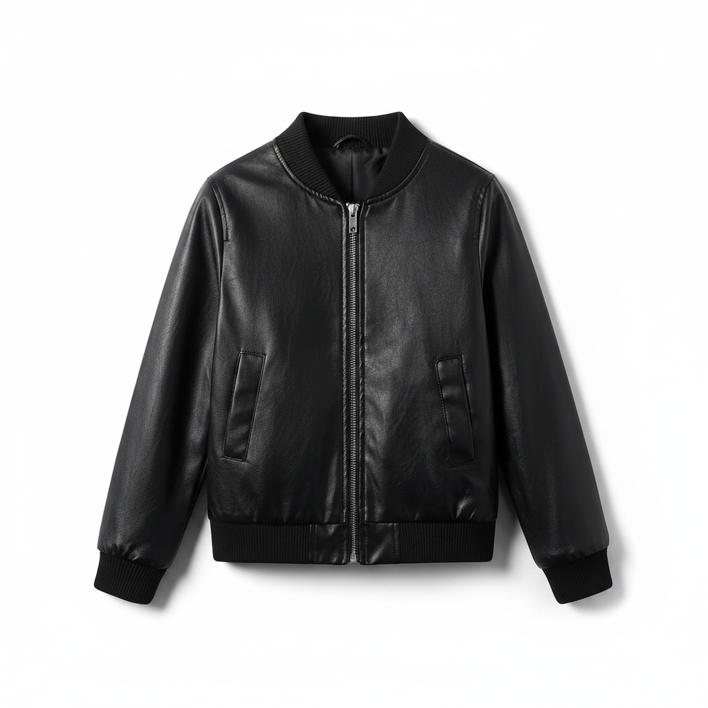 Kids black leather bomber jacket - front view