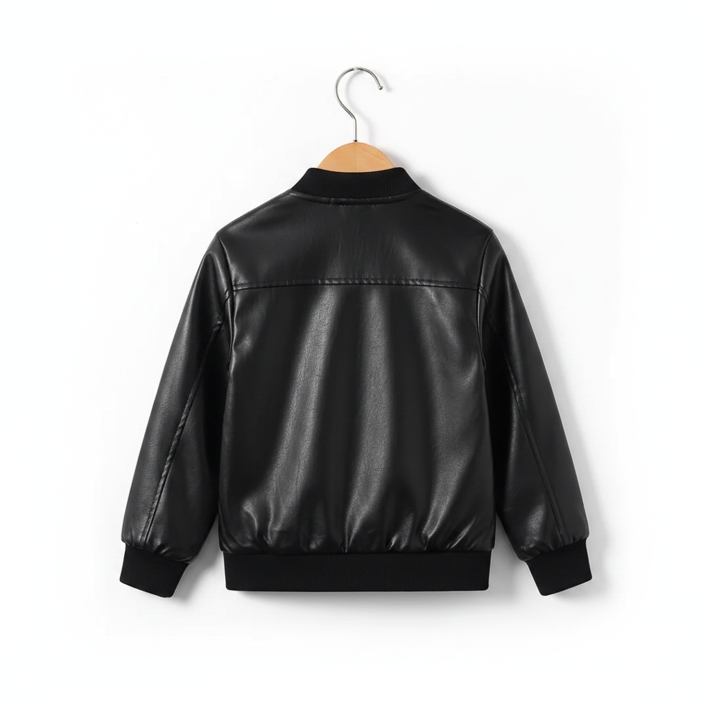 Kids black leather bomber jacket - back view