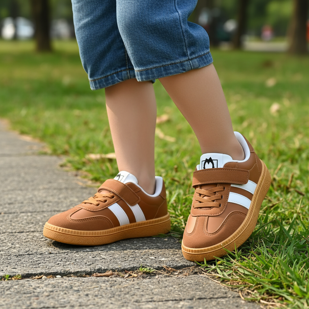 Close-up of child feet wearing Kids Classic Sneakers Brown